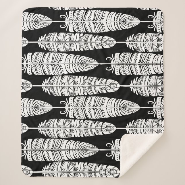 Manta Sherpa Feathers boho: patrón blanco y negro (Anverso)