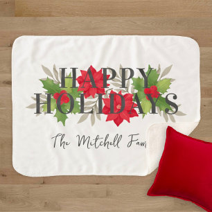 Manta Sherpa Felices Fiestas Blancas Poinsettia Apellido Famili