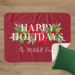Manta Sherpa Felices Fiestas Navideñas Poinsettia Familia Nombr