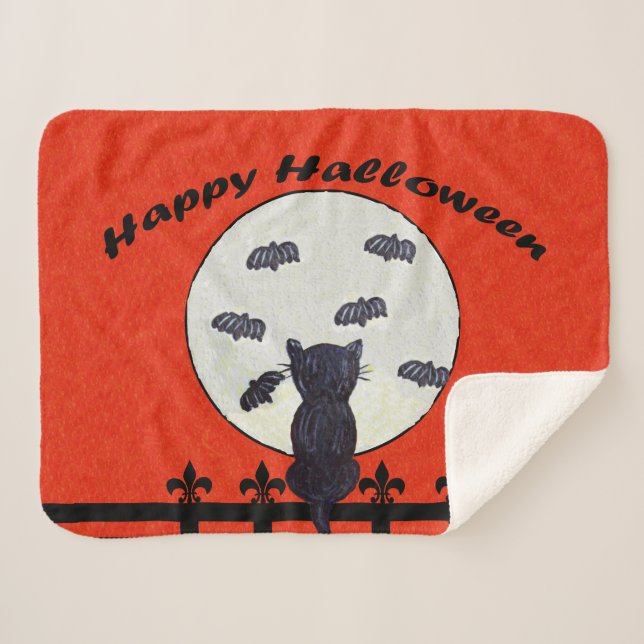 Manta Sherpa Feliz Halloween Black Cat Fence Moon Flying Bats (Anverso (horizontal))