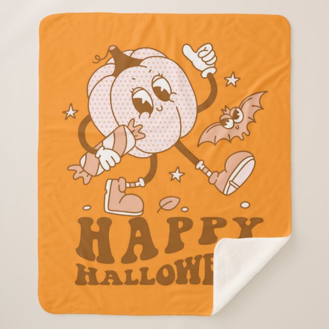 Manta Sherpa Feliz Halloween| Calabaza de punto de Polka retro (Anverso)