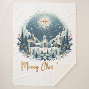 Manta Sherpa Feliz Navidad azul y oro