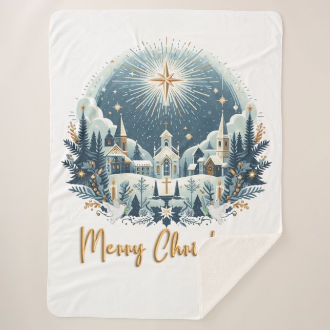 Manta Sherpa Feliz Navidad azul y oro (Anverso)