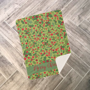 Manta Sherpa Feliz Navidad Bayas de Acebo Verde Rojo Patrón