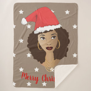 Manta Sherpa Feliz Navidad, mujer negra, estrellas blancas, mar