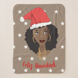 Manta Sherpa Feliz Navidad, mujer negra, estrellas blancas, mar