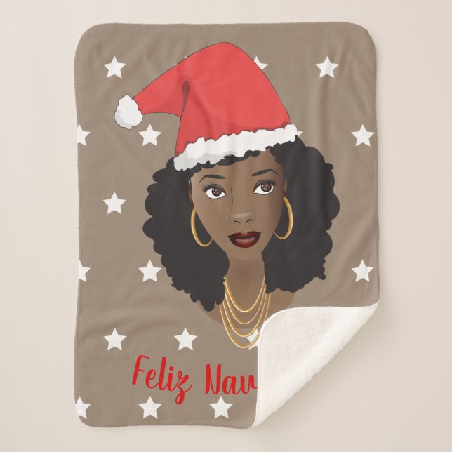 Manta Sherpa Feliz Navidad, mujer negra, estrellas blancas, mar (Anverso)