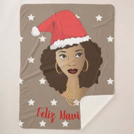 Manta Sherpa Feliz Navidad, mujer negra, estrellas blancas, mar