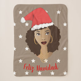 Manta Sherpa Feliz Navidad, mujer negra, estrellas blancas, mar