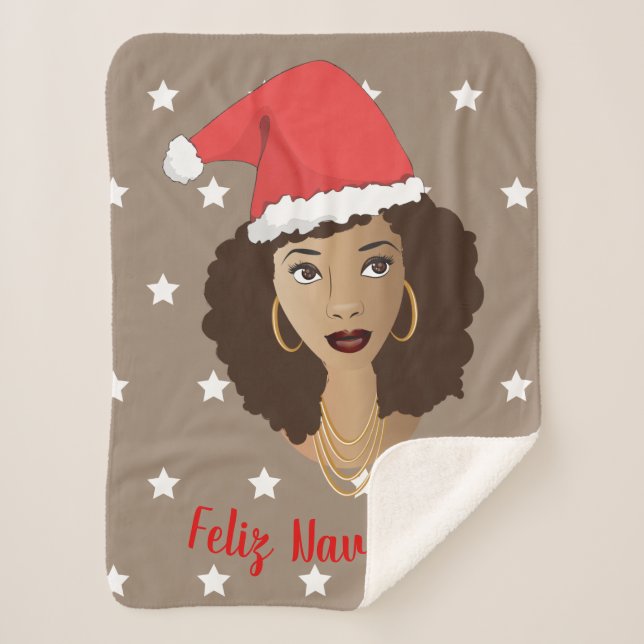 Manta Sherpa Feliz Navidad, mujer negra, estrellas blancas, mar (Anverso)