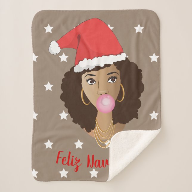 Manta Sherpa Feliz Navidad, Mujer Negra, Santa Hat, Bubblegum (Anverso)