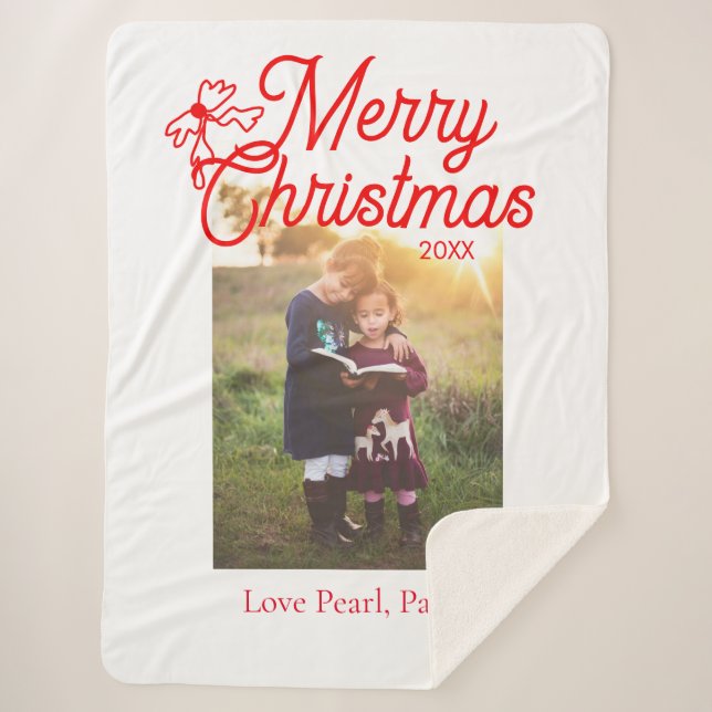 Manta Sherpa Feliz Navidad, niños del arco rojo foto moderna el (Anverso)