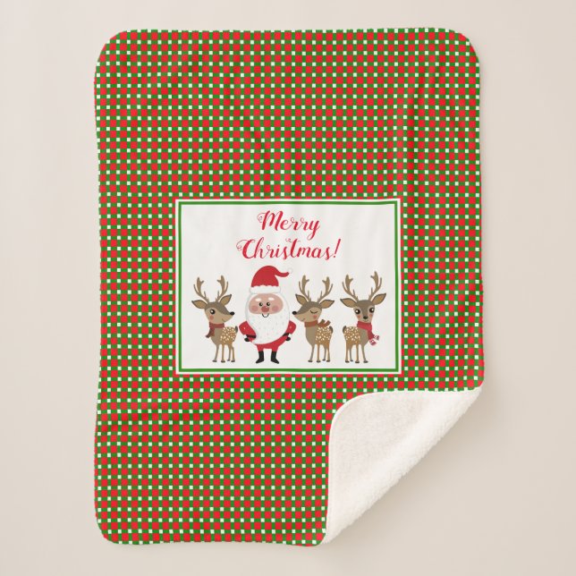 Manta Sherpa Feliz Navidad Plaid Santa Reindeer lindo feriado (Anverso)