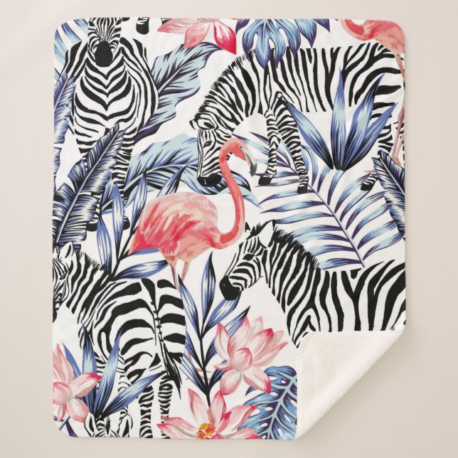 Manta Sherpa Flamingo rosa exótico, cebra en verano de fondo b (Anverso)