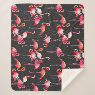Manta Sherpa Flamingo Rosa: Patrón acuarela tropical.
