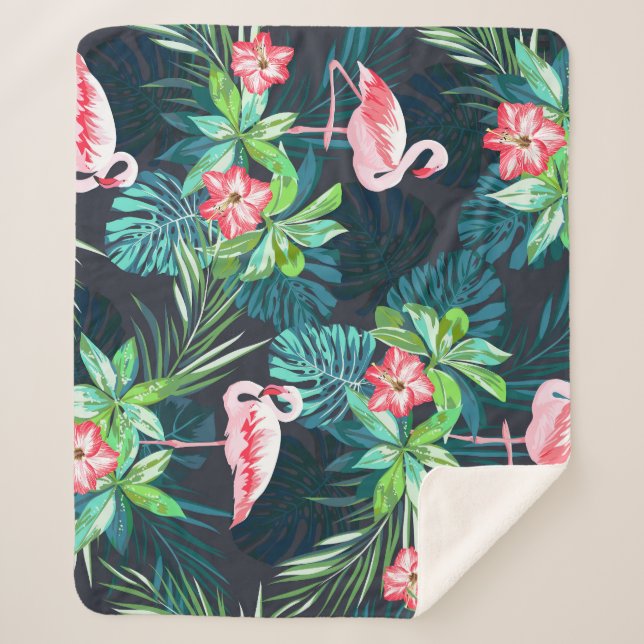 Manta Sherpa Flamingo tropical: Patrón de flores de verano (Anverso)