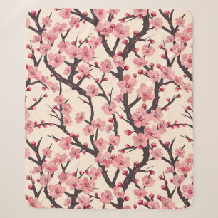 Manta Sherpa Flor de Cerezo Japonesa Rosa Oscuro Ramo Crema