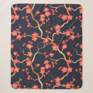 Manta Sherpa Flor de ciruelo carmesí dorado bronce naval floral