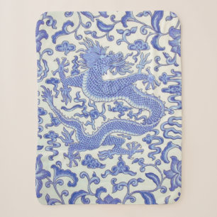 Manta Sherpa Flor de dragón oriental azul y blanco chino
