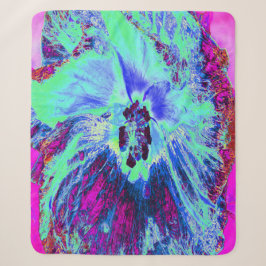 Manta Sherpa Flor de Hibisco Verde y Azul Psicodélico Retro