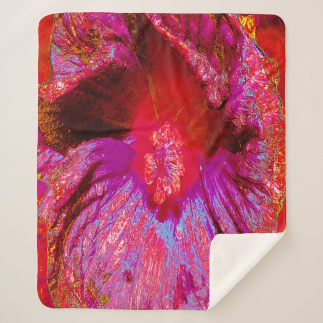 Manta Sherpa Flor de Hibiscus Rojo Retro Trippy Psicodélico (Anverso)
