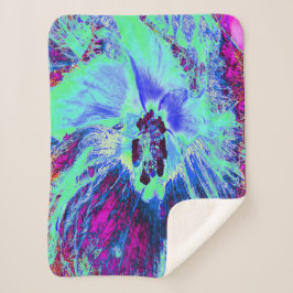 Manta Sherpa Flor de hibiscus verde y azul psicodélico retro