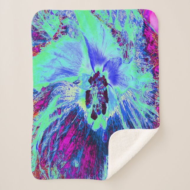 Manta Sherpa Flor de hibiscus verde y azul psicodélico retro (Anverso)
