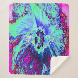 Manta Sherpa Flor de hibiscus verde y azul psicodélico retro