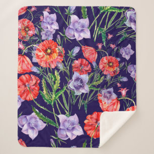 Manta Sherpa Flor de timbre azul, flor de timbre rosa y pop