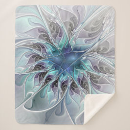Manta Sherpa Flor Fractal Moderna Con Azul