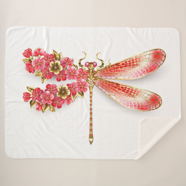 Manta Sherpa Flor libélula con sakura de joyas (Anverso (horizontal))