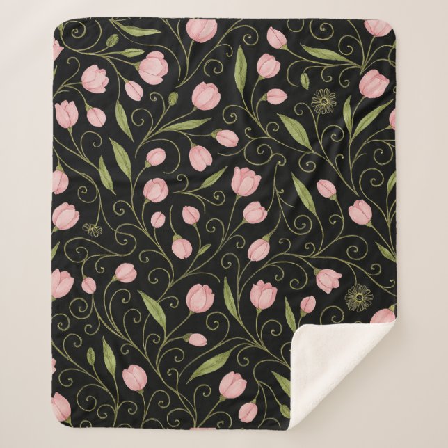 Manta Sherpa Flor rosa y cúrcuta sobre negro con patrón de repe (Anverso)