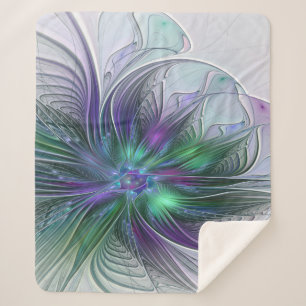 Manta Sherpa Flor verde morada Moderna Resumen arte fractal