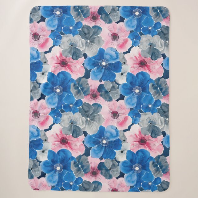Manta Sherpa Floral azul rosa de moda (Anverso)