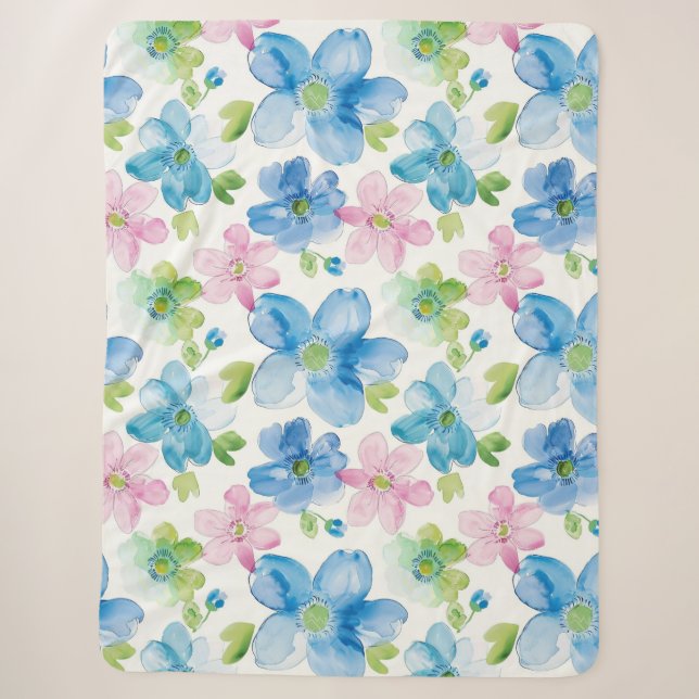 Manta Sherpa Floral azul verde rosa de moda (Anverso)