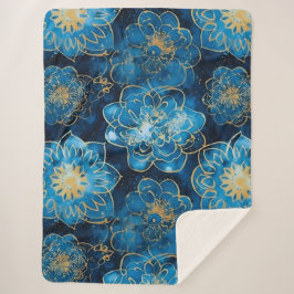 Manta Sherpa Floral azul y dorado elegante - Botánica elegante