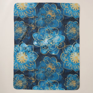 Manta Sherpa Floral azul y dorado elegante - Botánica elegante