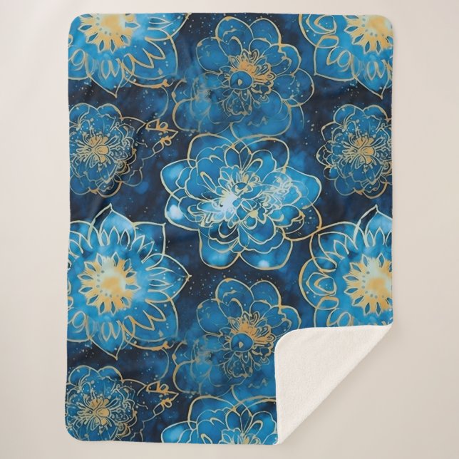 Manta Sherpa Floral azul y dorado elegante - Botánica elegante (Anverso)