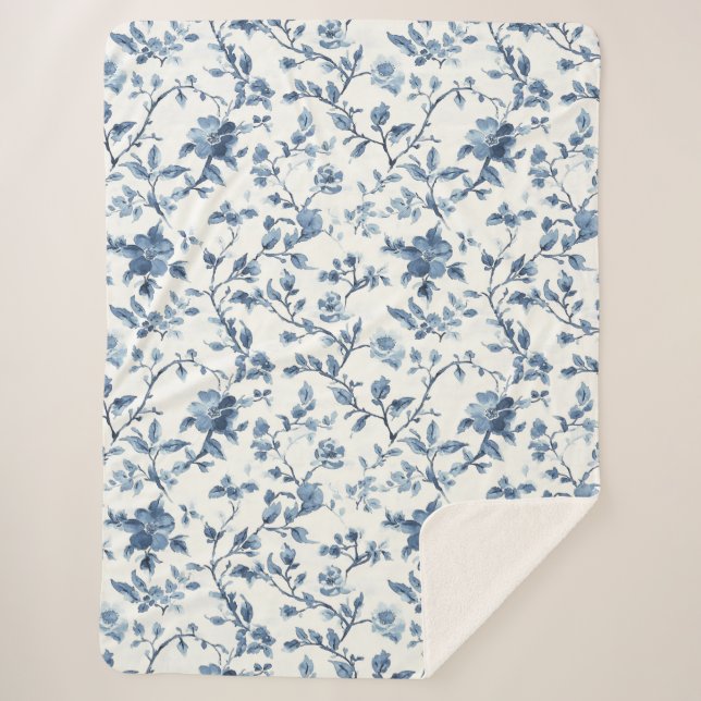 Manta Sherpa Floral Blanco Azul Bonito   (Anverso)