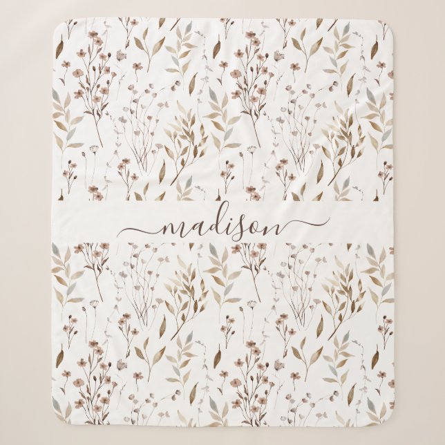 Manta Sherpa Floral Botánico Seco Marrón de Invierno Monogramad (Anverso)