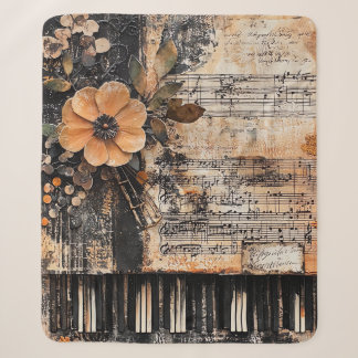 Manta Sherpa Floral con claves de piano rústicas y hoja de músi