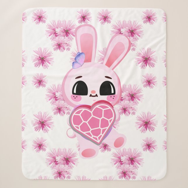 Manta Sherpa Floral cute pink rabbit easter (Anverso)