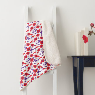 Manta Sherpa Floral de amapola roja, púrpura y blanca