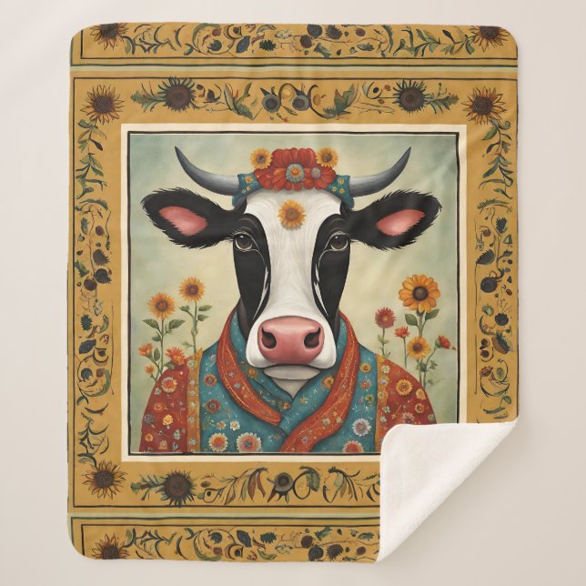 Manta Sherpa Floral de arte popular de vaca (Anverso)