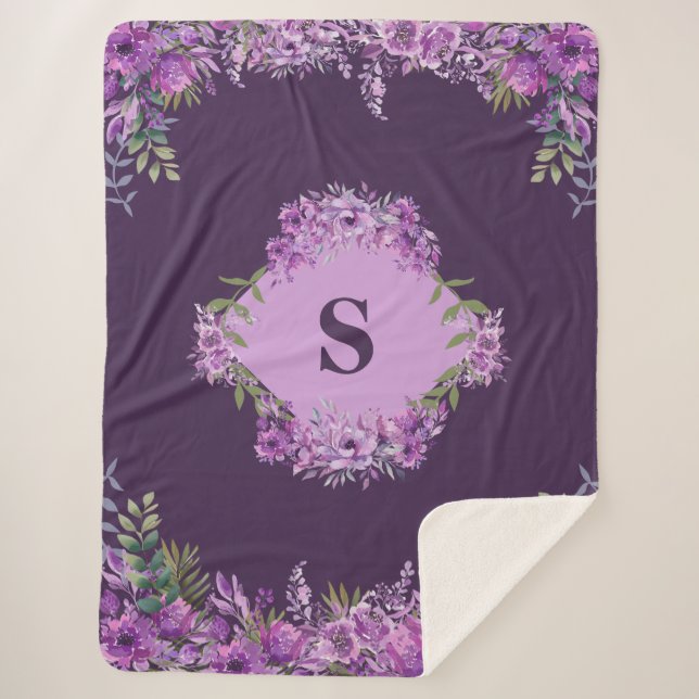 Manta Sherpa Floral de berenjena morada personalizada (Anverso)