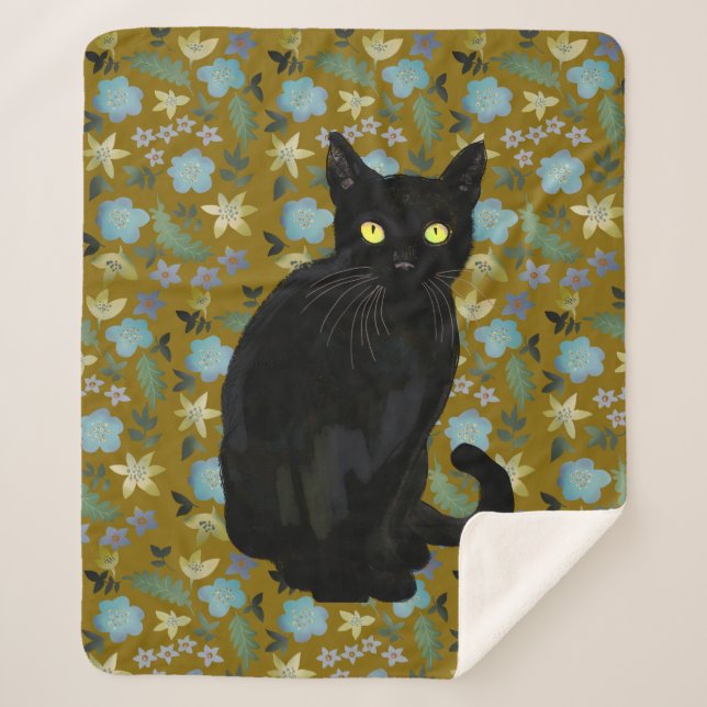 Manta Sherpa floral de gato negro (Anverso)