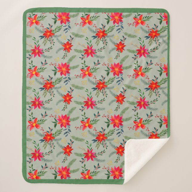 Manta Sherpa Floral de Navidades de la Poinsettia Roja (Anverso)