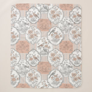 Manta Sherpa Floral de Pájaro Vintage Toile Raya (3)
