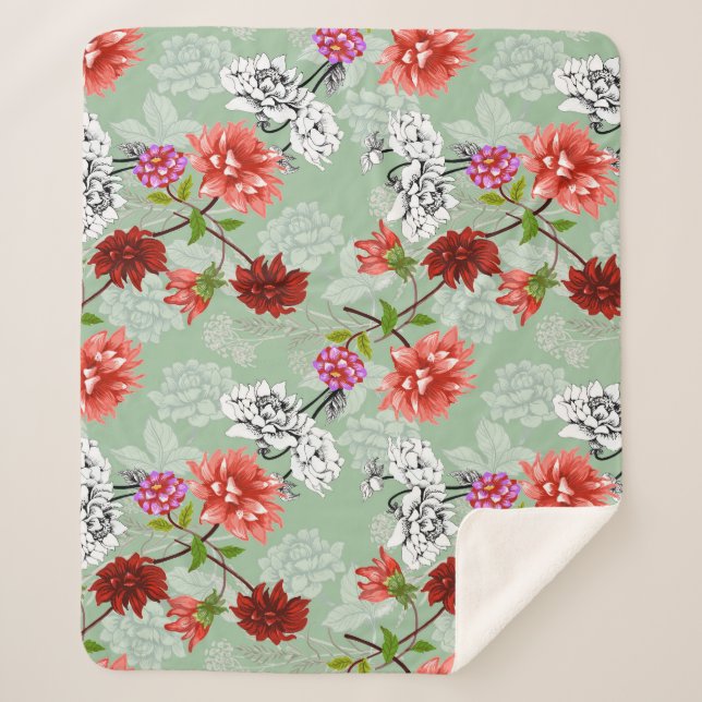 Manta Sherpa Floral de primavera verde: mano dibujada (Anverso)