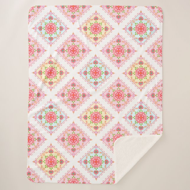 Manta Sherpa Floral elegante en el patrón de baldosas de diaman (Anverso)
